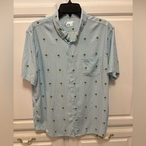 Bermies Blue White Pinstriped Palm‎s Short Sleeve Button Up Shirt Men’s XL